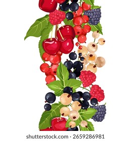Nahtloser Druck von Kirsche, Taubeere, Himbeere, Johannisbeere . Vektorgrafik für die Gestaltung von Menüs, Rezepten, Textil- und Lebensmittelverpackungen. Vertikal.