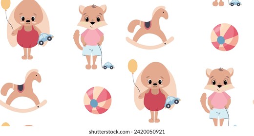 Seamless print with children's toys. A ball, a rocking horse, a teddy bear and a wolf. children's print for printing on vinyl wallpaper and children's clothing and textiles.