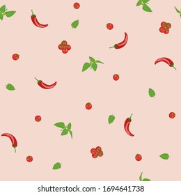 Seamless print with chili peppers, cherry tomatoes and basil. Little