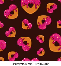 seamless print, chocolate background, a doughnut in the shape of a heart, pink glaze