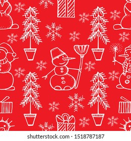 Seamless print of Christmas elements. Snowmen, gifts, Christmas tree, snowflake. White on a red background. Black line on white background. Vector