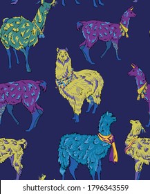 Seamless print with cute alpacas and llama.