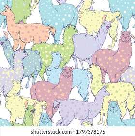 
Seamless print with cute animals llama and alpaca. Cheerful kind mountain artiodactyl animals. Drawing on the llama of the middle, circles and hearts
