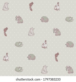 
Seamless print with cute animals on a background with peas. Drawing animals - hedgehog, rabbit, hare, squirrel, rodents, bear and fox