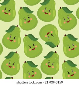 Seamless print of cute cartoon pear character. Design for wrapping paper, children s print clothes, fabrics.