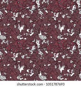 Seamless Print. Cute fabric pattern. Design. Vector illustration. Flat doodles. Elements purple, black and red on colors.