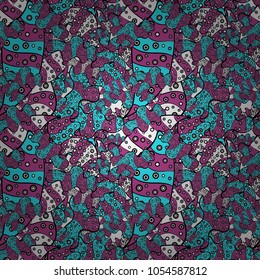 Seamless Print. Cute fabric pattern. Elements magenta, black and blue on colors. Design. Flat doodles. Vector illustration.