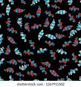 Seamless Print. Cute fabric pattern. Elements blue, black and red on colors. Vector illustration. Flat doodles. Design.