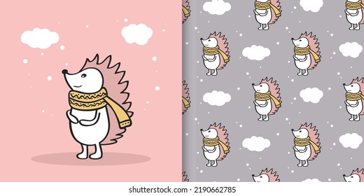 Seamless print cute hedgehog in the clouds on a pink and gray background. Design set. Template for fabric textile prints and postcards.