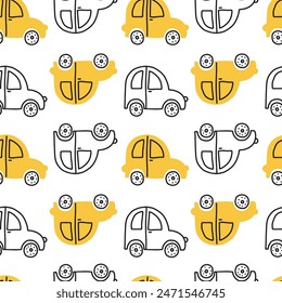 Seamless print with cute yellow cars. Childish vector illustration with hand drawn automobiles