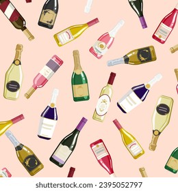 Seamless print with doodle cartoon champagne, wine and prosecco alcohol drinks in vintage fancy glass bottles. Vector illustration EPS10.