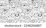 Seamless print with doodle cats and dogs black and white. Cute funny pets on white. Bicolor graphic modern print. Lovely surface design. Hand drawn sketch style objects. Animals art. 