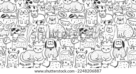 Seamless print with doodle cats and dogs black and white. Cute funny pets on white. Bicolor graphic modern print. Lovely surface design. Hand drawn sketch style objects. Animals art. 
