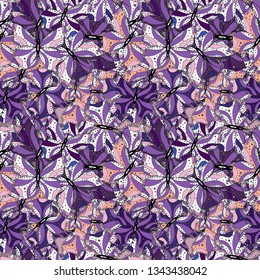 Seamless Print. Elements white, black and violet on colors. Design. Vector illustration. Cute fabric pattern. Flat doodles.
