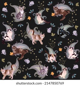 Seamless print for fabric with beautiful domestic cats, paisley and golden stars on a black background. Beautiful astrological pattern with symbols of Chinese New Year 2023.