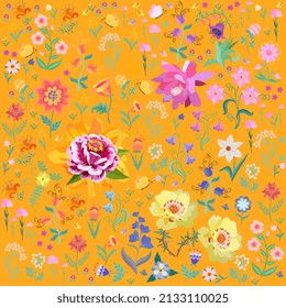 Seamless print for fabric with beautiful flowers, leaves, butterflies on a yellow-orange background in vector. Romantic floral pattern.