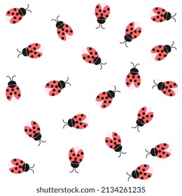Seamless print for fabric with funny ladybugs isolated on white background in vector. Beautiful illustration.