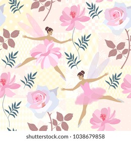 Seamless print for fabric, paper, wallpaper with cute fairies, pink roses and cosmos flowers on gentle patchwork background in vector. Spring design.