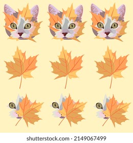 Seamless print for fabric with portraits of cats with a maple leaf spot on the face, and orange maple leaves on a light yellow background in vector.