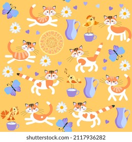 Seamless print for fabric, wallpaper for children with symbols of 2023 Chinese New Year. Cute cartoon white-orange cats, flowers, birds, jugs and cups of milk, butterflies on yellow-orange background.
