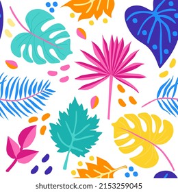 Seamless print for fabric, wallpaper with multicolored tropical leaves and color spots on a white background. Natural pattern in vector.