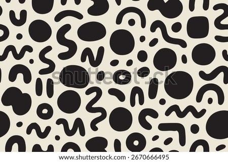 Seamless print featuring bold black curves and shapes on cream color background.