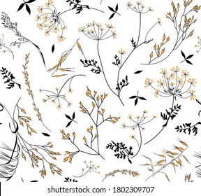 Seamless print with flowers on a white background. Black silhouette of blades of grass, field plants