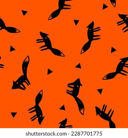 Seamless print with foxes and triangles. Paws, tail, ears.
Color: orange background and black pattern.
Illustration for children, pajamas, textiles, blankets, pillows, plaid, dishes, wrapping paper