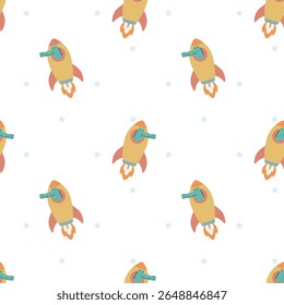 Seamless print with funny crocodile in a space rocket