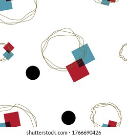Seamless print with geometric elements. Blue and red square, with the addition of a black dot and a closed curve. On a white background.