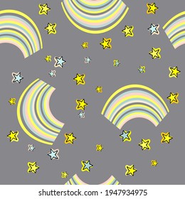 Seamless print with gray-yellow rainbows and stars in the sky. Vector illustration