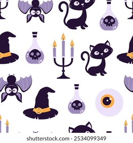 impressão perfeita com elementos decorativos halloween como chapéu de bruxa e caldeirão, candlestick, olho de zumbi e garrafa de veneno, personagens vetoriais fofos, objetos de decoração gato preto e morcego