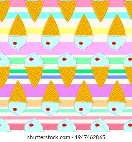 Seamless print with hand drawn ice creams and striped multicolor lines. 