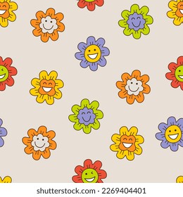 Seamless print, happy flowers. Repeatable backdrop, spring clipart. Repeating surface pattern
