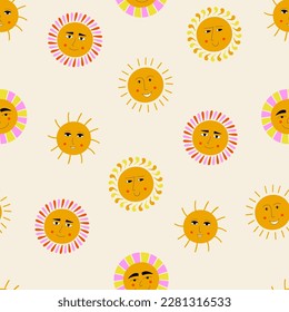 Impresión sin foco, sol feliz. Fondo repetible, clipart de primavera. Patrón de superficie repetitiva
