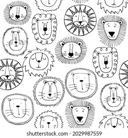 Seamless print with head of lions. Cartoon lions. Funny image to print on textiles, cards, ads, t-shirts.