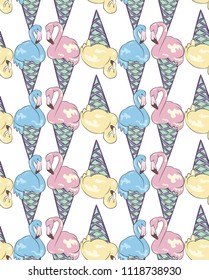 Seamless print ice cream cone and Flamingo. Joyful summer print with ice cream.