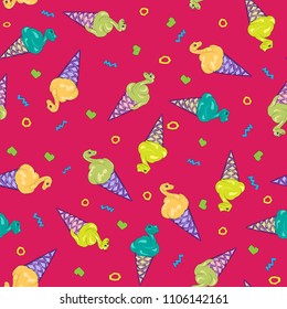 Seamless print with ice cream, snakes, hearts and geometric shapes on a crimson background. The pattern is suitable for web design, pattern prints and textiles.