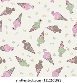 Seamless print with ice cream, snakes, hearts and geometric shapes on a crimson background. The pattern is suitable for web design, pattern prints and textiles.