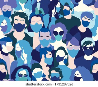 
Seamless print with the image of a crowd of ice men and women in protective masks and glasses. Fashionable girls and boys in the dispenser