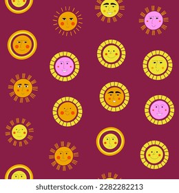 Seamless print, joyous suns. Endless background, comic sun figure. Continuous pattern with creative shapes
