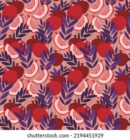 Seamless print with juicy pomegranates and violet leaves. Repeated endless print for surface design. Art for Rosh haShana and other israeli holidays. Nice fresh burgundy fruits on pink background.