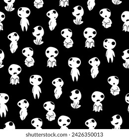 seamless print with kodama on a black background, nature spirits, Japanese folklore. Hayao Miyazaki.