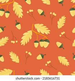 Seamless print of leaves of birch, oak, chestnut, berries. Autumn cozy background for text, printing on fabric, office, wallpaper, paper scrapbooking. Vector illustration with botanical elements