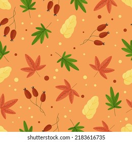 Seamless print of leaves of birch, oak, chestnut, berries. Autumn cozy background for text, printing on fabric, office, wallpaper, paper scrapbooking. Vector illustration with botanical elements