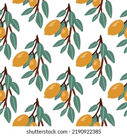Seamless print with lemon and leaves. For textiles, wallpaper, packaging.