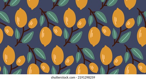 Seamless print with lemon and leaves. For textiles, wallpaper, packaging.