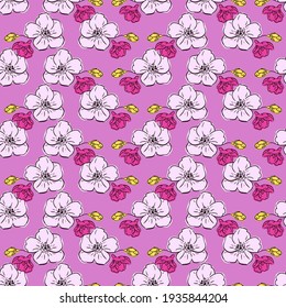 Seamless print of light and bright pink flowers and yellow buds. Floral pattern on a background of color orchid. Great for decorating fabrics, textiles, gift wrapping, printed materials, advertising.