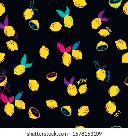 Seamless print with limons. Limon repeated pattern on black background.