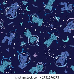 
Seamless print of little dogs in space. The picture shows the Yorkshire Terrier boys and girls, the moon, the ball, pet toys and space dust